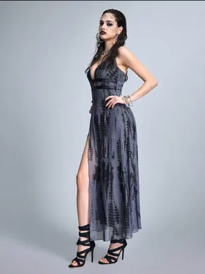 Sleek Gray Grunge Goth Plunge Maxi Dress with High Slit New thumbnail 7