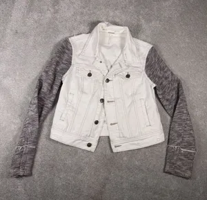 Free People Women's Cotton Denim‎ Jean Woven Knit Sleeves Jacket White Gray Xs thumbnail 1