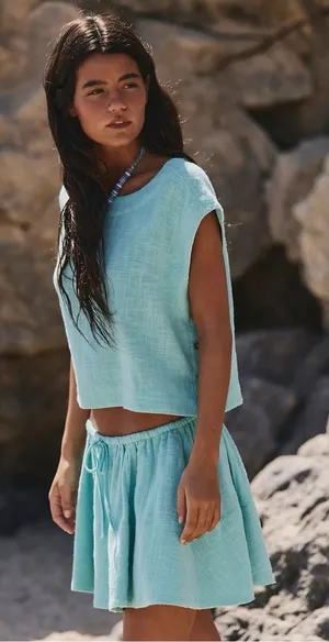 Free People Bohemian Beachy Skye Mini Skirt & Top Set Aqua Blue XL NWT thumbnail 1