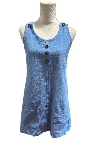 Casual Loose A Line Sleeveless Blue Button Detail Tunic Dress With Pockets Sz M thumbnail 1