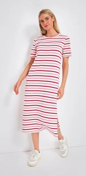 Tuckernuck Pomander Place Gio Stripe Short Sleeve Long Maxi Dress Red Pink Small S thumbnail 1