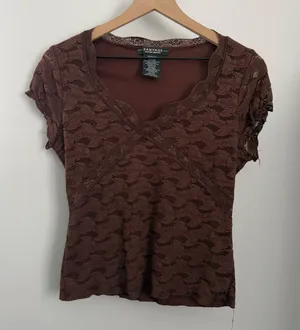 90s Y2K‎ Medium Brown Lace Trim Short Sleeve Fitted Top Grunge Scallop Neck thumbnail 1