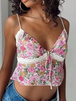 ditsy floral crop top with lace trim and tie front thumbnail 1