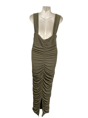 PRETTYGARDEN. Olive Green Ruched Bodycon maxi dress thumbnail 4