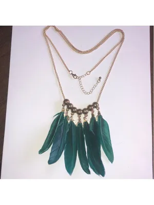 Gold Tone & Green Feather Beaded Boho Statement Necklace thumbnail 2