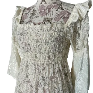 Vintage Cream Lace Velvet Victorian Cottagecore Dress Flare Sleeves Ruffle thumbnail 6
