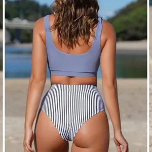 Blue Purple Bikini Set High Waist Striped Bottom Padded Swimwear M NWT thumbnail 10