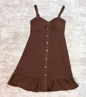 No Boundaries Juniors Medium 7-9 Brown Ribbed Ruffle Swing Dress Y2K Button New thumbnail 1