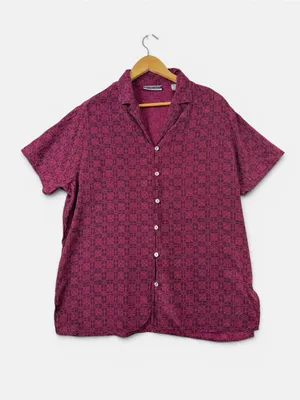 Amanda Smith Silk Button Up Top Large Burgundy Floral Lightweight Short Sleeves thumbnail 2