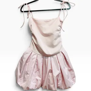 Free People Genevieve Mini Dress Pink Bubble Skirt Tie Shoulder XS Balletcore thumbnail 3