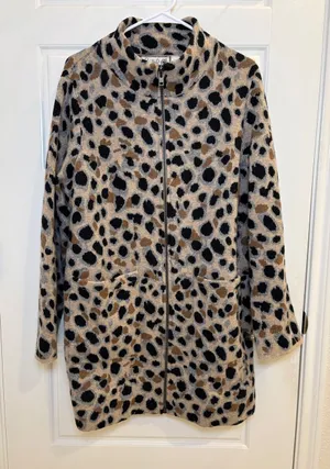Fiel Flower 100% Wool Leopard Print Zip Cardigan Jacket XL thumbnail 1