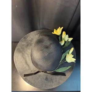 Vintage Betmar New York Black Wide Brim Sun Hat Yellow Floral Velvet Ribbon NWT thumbnail 8