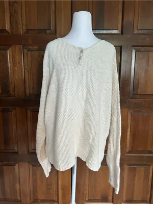 Vintage‎ L.L. Bean Sweater Womens Large Cream Henley Cotton Knit USA Made 90s thumbnail 2