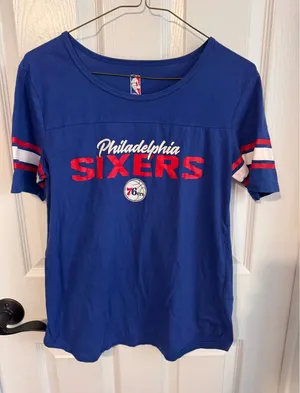 NBA Philadelphia 76ers Women's Blue Graphic‎ T-Shirt Small Stripe Sleeve Tee thumbnail 1