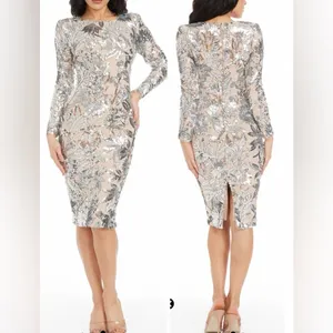 NEW Dress the population Emmalyn Sequins Long Sleeve Sliver Nude Midi size XXL thumbnail 2