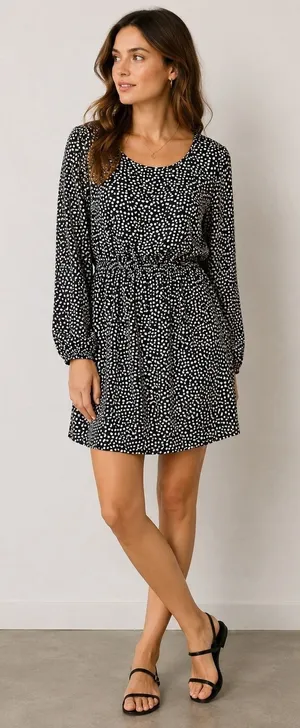J Crew‎ Mercantile Black White Heart Print Long Sleeve Dress 14 Elastic Waist thumbnail 1