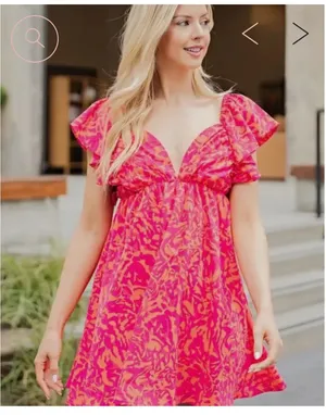 NWT Glam Orange and Pink Print Tie Back Dress Sz M thumbnail 1