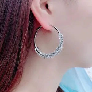 Women's Twisted Rhinestones Silver Hoop Earrings thumbnail 2