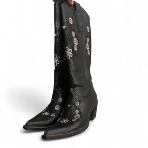 Black White Embroidered Floral cowboy western boho leather boots pointed toe mid calf #hippie #indie #gothic #fairycore-US Women 6 thumbnail 2