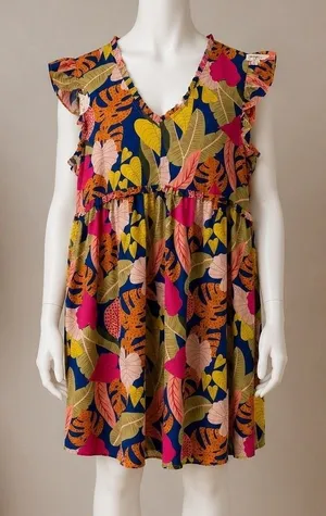Umgee Tropical Leaf Flutter Sleeve Babydoll Mini Dress C3776 Blue‎ Pink Mens M thumbnail 1
