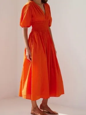 AYR Extra Extra Midi Dress Cara Orange Smocked Waist Tiered Cotton Size Small thumbnail 13