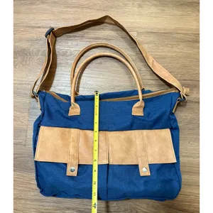 Blue Canvas Tote Bag with Tan Faux Leather Accents and Crossbody Strap thumbnail 4