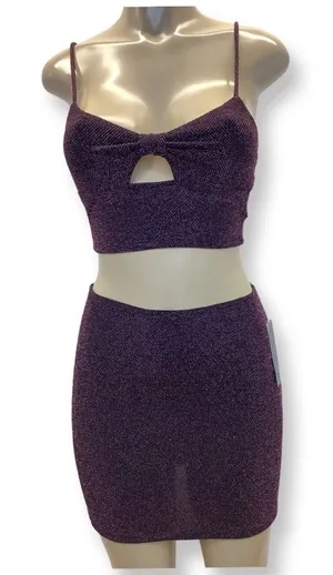 Just Polly Size Small New York Burgundy Shimmer Mini Skirt & Top Set. New W/Tag thumbnail 1