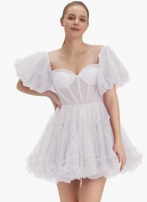 White Off Shoulder Tulle Puffy Sleeve Dress Costume Party Homecoming US 10 thumbnail 1