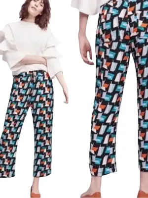 Anthropologie Hei Hei Ginza Geometric Print Pull On Crop Pants Black Blue Size M thumbnail 2
