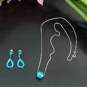 Sterling Silver Turquoise Inlay 16” Necklace and Earrings Set thumbnail 1