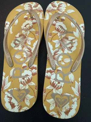 Roxy Women's Flip Flop Sandal Melon III Style Mustard Floral Gold Lettering thumbnail 2