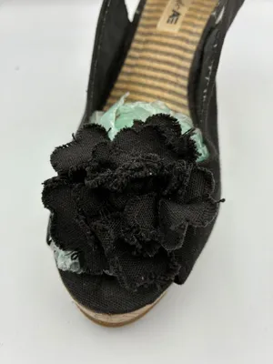 American Eagle Womens 6.5 Black Wedge Sandals Cork Heel Floral Toe Casual thumbnail 6