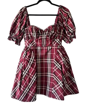 Anthropologie Maeve Burgundy Tartan Plaid Puff Sleeve Mini Dress Women’s Small thumbnail 1