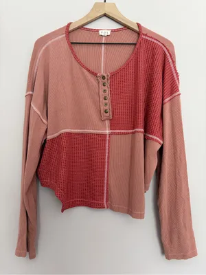 POL Patched Waffle Henley Red/Pink Large thumbnail 1
