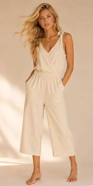 Level Eight Cotton Seersucker Romper Jumpsuit Striped Coastal Minimal Neutral‎ M thumbnail 1