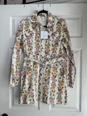 Floral Belted Mini Dress - White with Pink & Orange Flowers thumbnail 1
