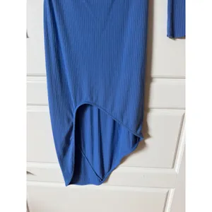 Indah Body Blue Raquel Ribbed Off Shoulder Asymmetric Midi Dress Small Y2K thumbnail 4