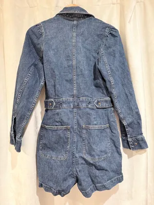 $128 Madewell Blue Denim Long-Sleeve Jumpsuit Short Romper in Vasey Wash thumbnail 7