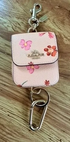 Coach Wildflower Print Leather AirPods Case Bag Charm Keychain Pink Floral Gold thumbnail 1