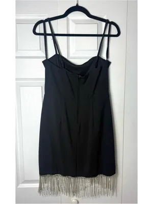 Trixxi Black Silver Rhinestone Chain Fringe Mini LBD Dress Size Large thumbnail 8