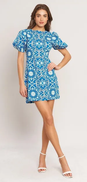 Flying Tomato White Blue Puff Sleeve Dress Small NEW Large thumbnail 1