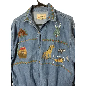 Vintage 90s BSA Embroidered Denim Shirt Noah's‎ Ark Animal Print Medium thumbnail 3