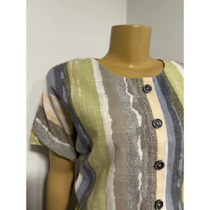 Vintage Style Abstract Stripe Midi Dress Short Sleeve Elastic Waist Earth Tones thumbnail 3