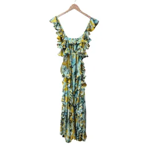 MISA Los Angeles Alessandra Sleeveless Ruffle Midi Dress Blue Yellow Medium thumbnail 3