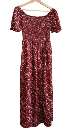 Shein cottagecore red polka dot shirred smocked maxi dress women's L side slit thumbnail 1