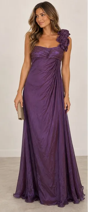 Rickie Freeman Teri Jon Gown Silk Chiffon Purple One Shoulder Rosette Womens 6 thumbnail 1