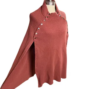 GILI M/L Cape Sweater Terracotta Orange Mock Neck Snap Button Poncho Fall‎ Cozy thumbnail 2