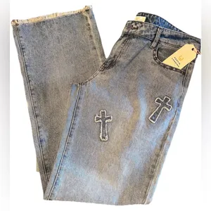 Austin Landing Denim Cross Studded Jeans NWT Rare Mid Rise Straight/Wide Leg 11 thumbnail 1