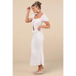 New Lulus Esma White Textured Knit Puff Sleeve Two-Piece‎ Midi Dress Sz Small thumbnail 2