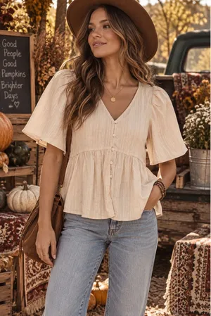 Boho Cotton Peplum Top Ivory Textured V Neck Button Front Mi Ami Francesca's S thumbnail 1